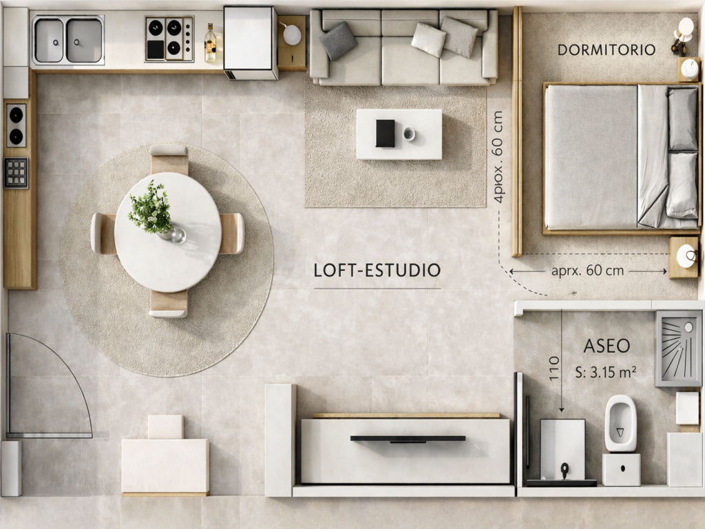 plano 3d de loft reformado en carlos haya malaga