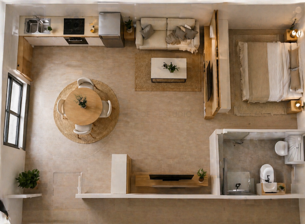 plano 3d en color de loft reformado en carlos haya malaga